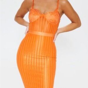 PrettyLittleThing Orange Striped Bodycon Dress